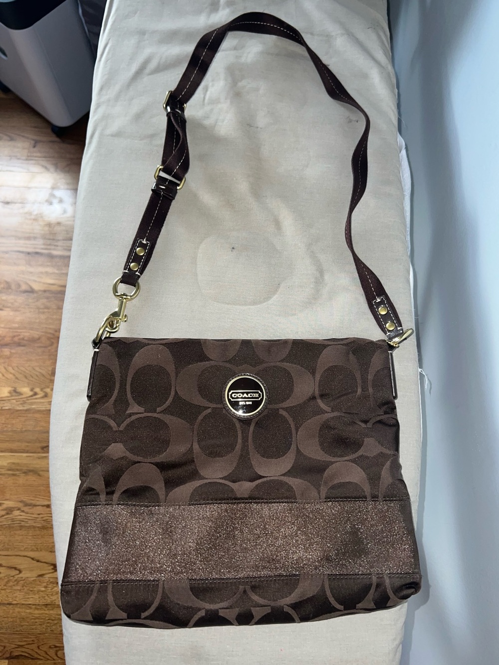 Coach Dark Brown Signature Crossbody Bag with Shimmer Accent